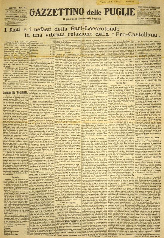 (1914) I fasti e i nefasti della Bari-Locorotondo in una vibrata relazione della Pro-Castellana (Gazzettino delle Puglie - 9-10 maggio 1914 - p. 1-2).JPG
