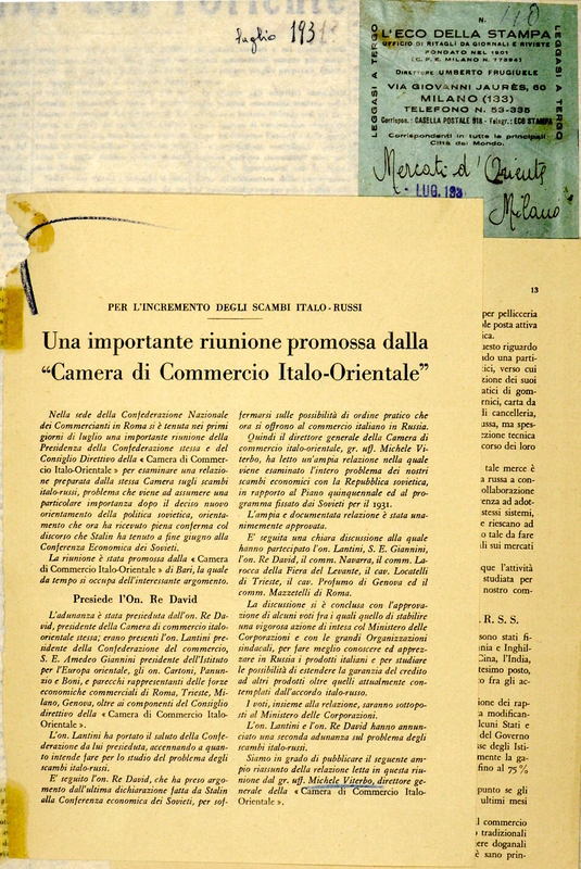 (1931), Una importante riunione promossa dalla “Camera di Commercio italo-orientale”, Per l'incremento degli scambi Italo-Russi, I mercati d'Oriente, luglio 1931, p. 11-14.JPG