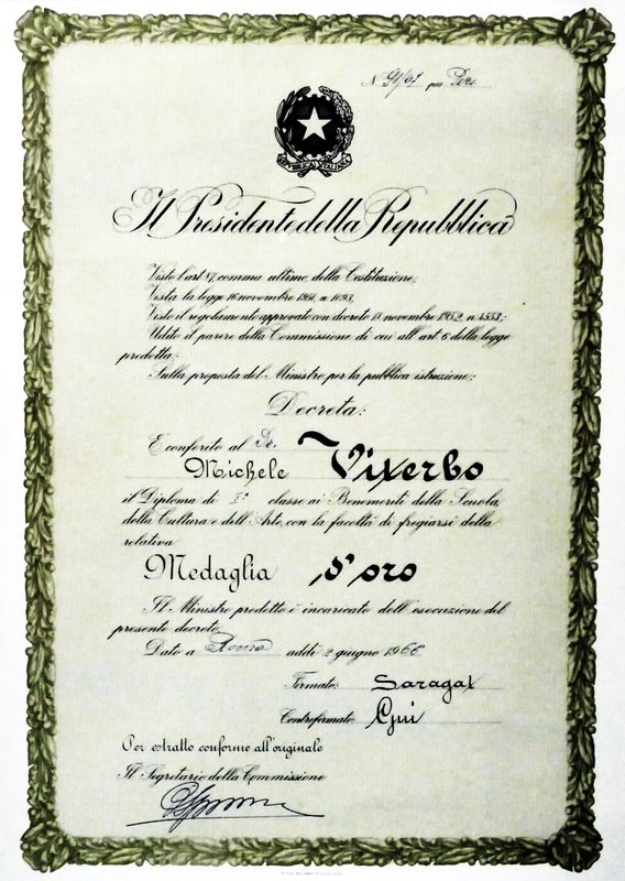 (1966) Diploma per il conferimento della medaglia d'oro a Michele Viterbo.JPG