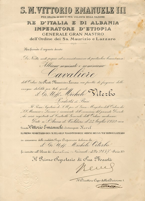 (1939) Diploma di Cavaliere dell'Ordine dei Ss. Maurizio e Lazzaro (Re Vittorio Emanuele 3.).jpg