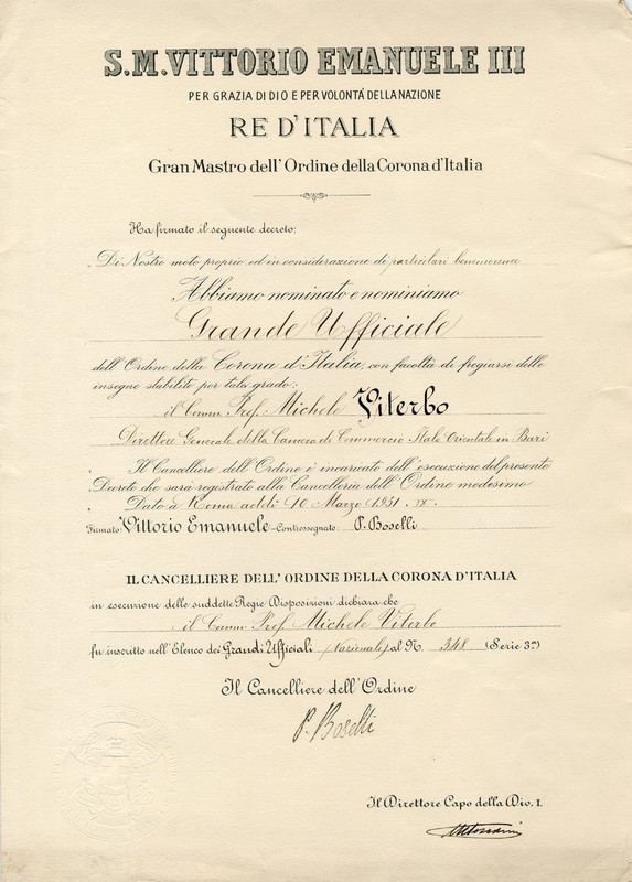 (1931) Diploma di Grande Ufficiale dell'Ordine della Corona d'Italia (Regno d'Italia).jpg