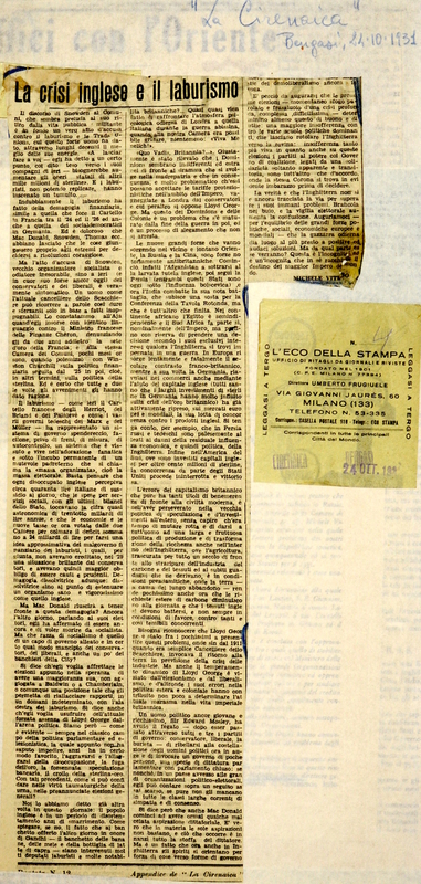 MV (1931), La crisi inglese e il laburismo, La Cirenaica (Bengasi), 24 ottobre 1931.JPG