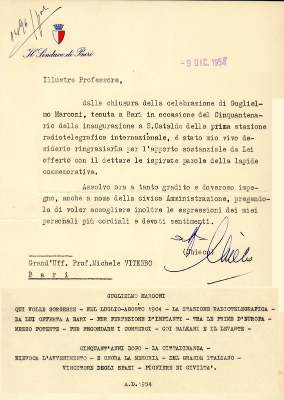(1954) Lettera del sindaco di Bari Francesco Chieco a Michele Viterbo.jpg