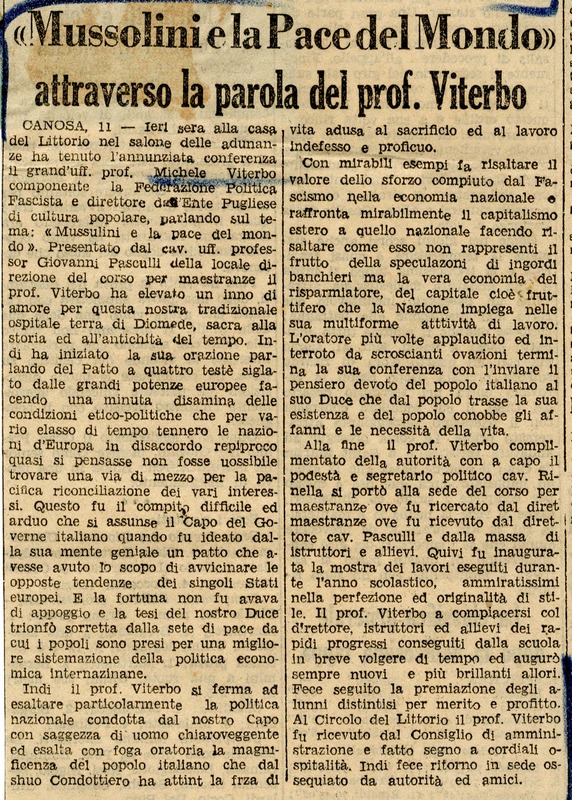 (1933) Mussolini e la Pace del Mondo attraverso la parola del prof. Viterbo (Il giornale d'Italia - 12 luglio 1933).jpg