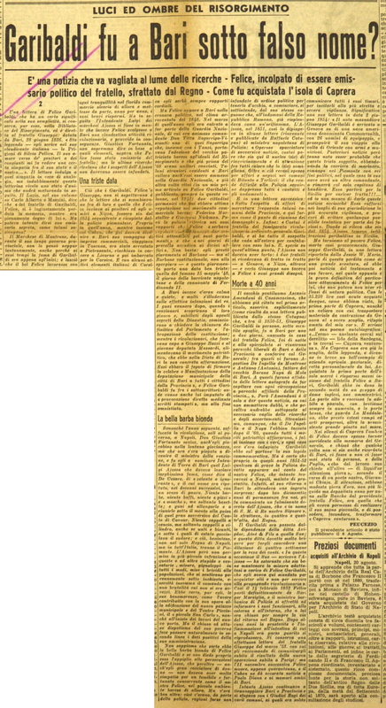 Peucezio (1953), Garibaldi fu a Bari sotto falso nome?, La GdM, 21 agosto 1953, p. 3.JPG