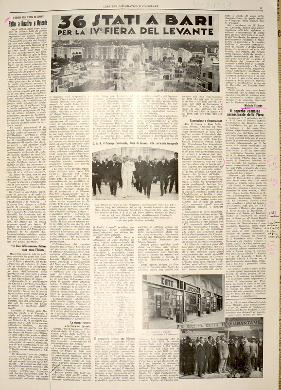 MV (1933), Patto a quattro e Oriente, a suggello della IV Fiera del Levante, Corriere diplomatico e consolare, 30 settembre 1933, p. 3.JPG