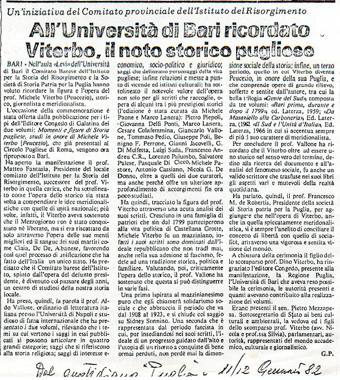 P. G. (1982) All'Università di Bari ricordato Viterbo, il noto storico pugliese (Puglia, 11-12 Gennaio 1982).jpg