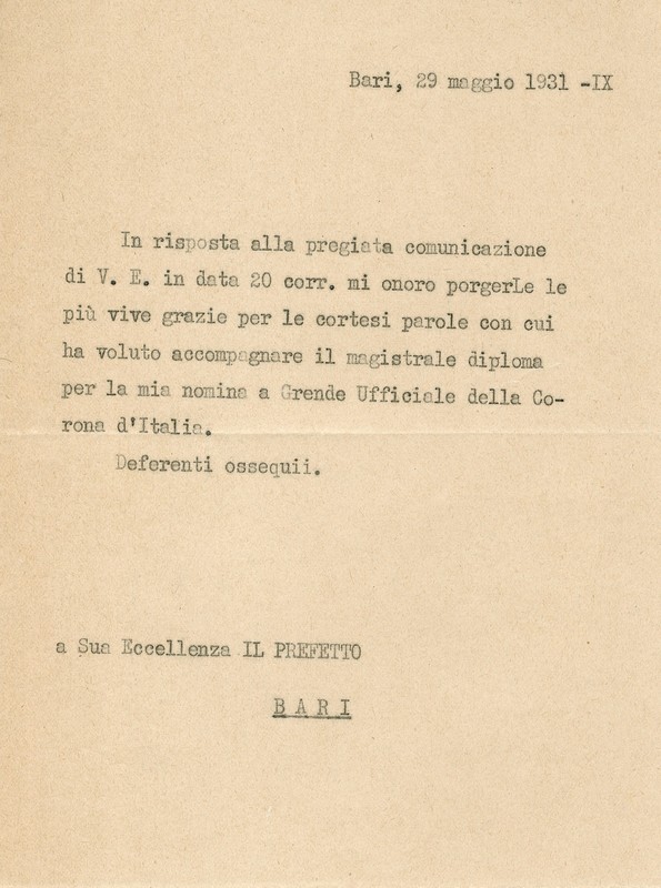 MV (1931) Lettera di ringraziamenti di Michele Viterbo al Prefetto di Bari.jpg