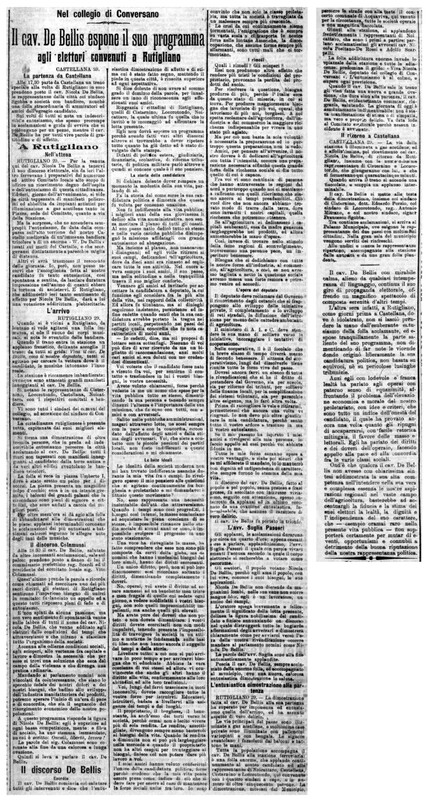 MV (1908), Il cav. De Bellis espone il suo programma agli elettori convenuti a Rutigliano, nel collegio di Conversano (Corriere delle Puglie, 1 luglio 1908, p. 1-2).jpg