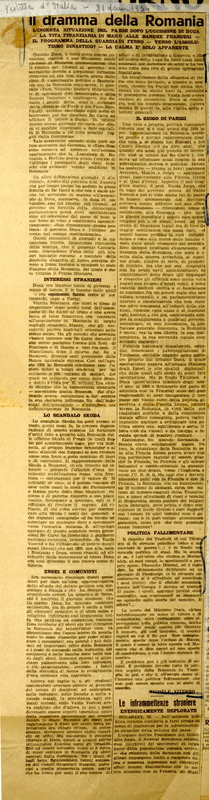 MV (1934), Il dramma della Romania, Vedetta d'Italia, 21 gennaio 1934 (La Gazzetta del Mezzogiorno, 2 gennaio  1934).JPG