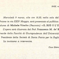 Invito alla presentazione dell'opera Il Sud e l'Unità di Michele Viterbo (Bari, 9 marzo 1966).jpg