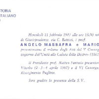 Istituto per la Storia del Risorgimento (1987), Invito per la presentazione del volume degli Atti del 5. Convegno «La Puglia e il Mezzogiorno dall'Unità alla Caduta della Destra, 1861-1.pdf