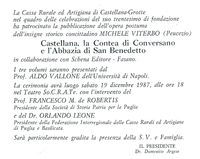 (1987) Invito per la presentazione dell'opera Castellana, la contea di Conversano e l'Abazia di San Benedetto.jpg